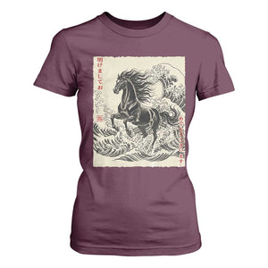 Japanese New Year 2026 T Shirt For Women Year Of The Horse Tsunami Ukiyo e Art TS11 Maroon Print Your Wear