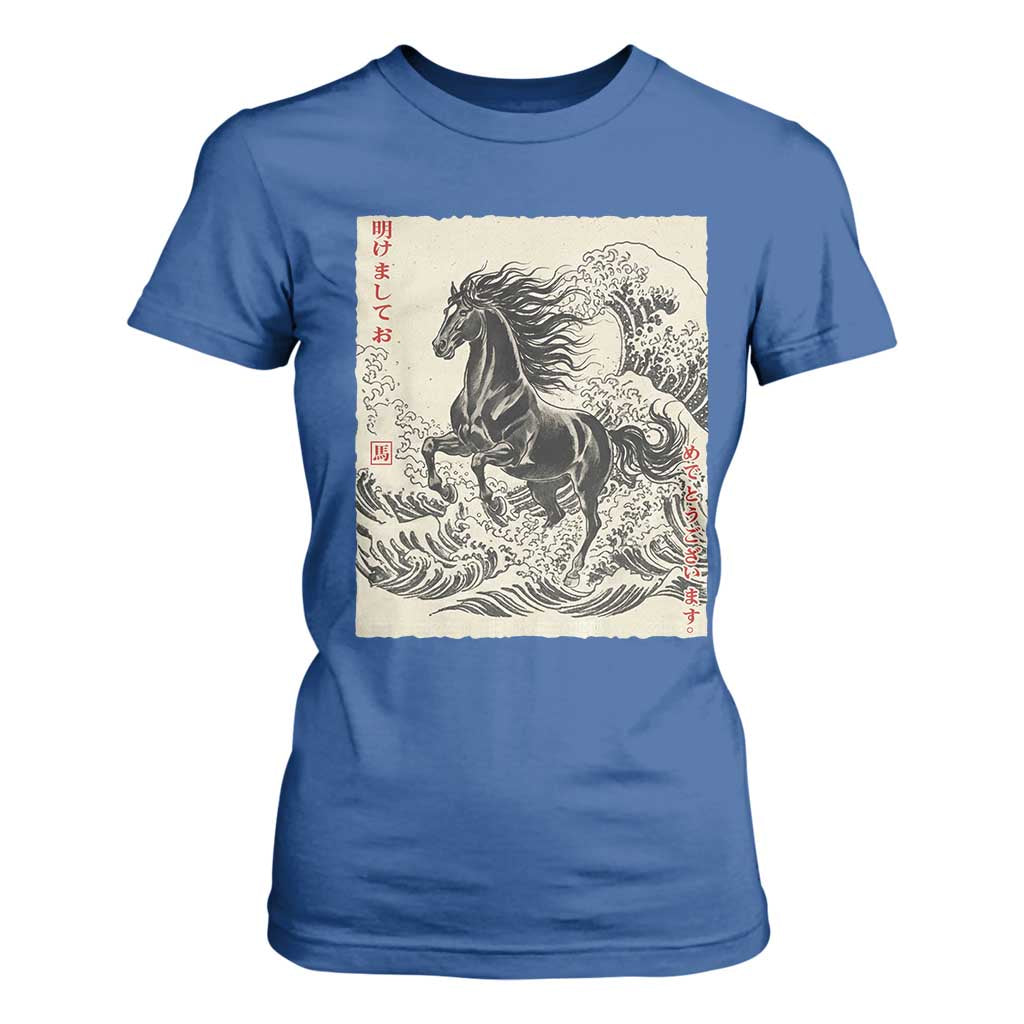 Japanese New Year 2026 T Shirt For Women Year Of The Horse Tsunami Ukiyo e Art TS11 Royal Blue Print Your Wear
