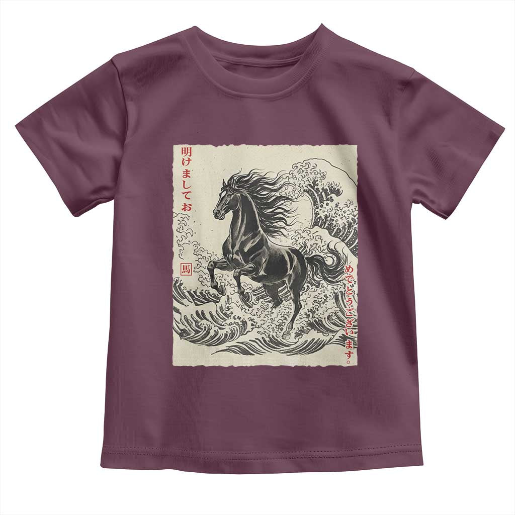 Japanese New Year 2026 Toddler T Shirt Year Of The Horse Tsunami Ukiyo e Art TS11 Maroon Print Your Wear