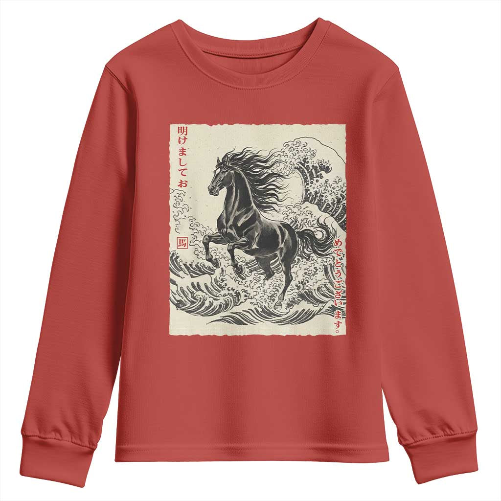 Japanese New Year 2026 Youth Sweatshirt Year Of The Horse Tsunami Ukiyo e Art TS11 Red Print Your Wear