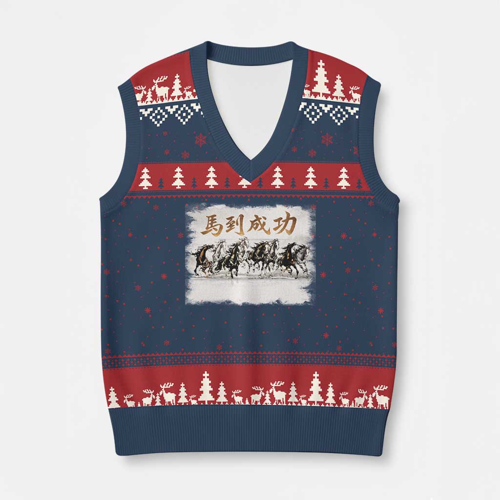 Year of The Horse 2026 V-Neck Knit Sweater Vest Gallop Of The 8 Horses Lunar New Year TS11 Navy Red Print Your Wear