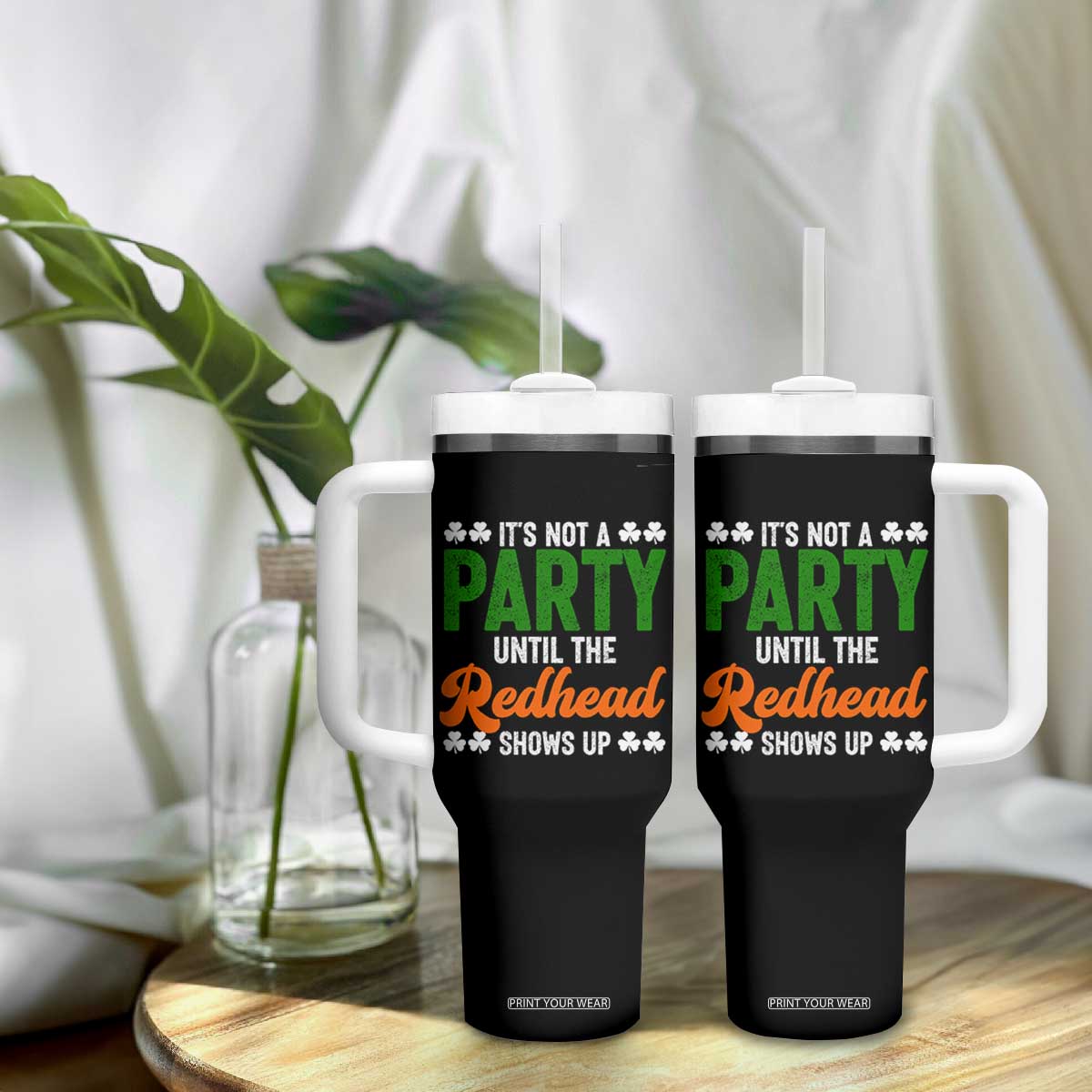 It Is Not A Party Until The Redhead Shows Up Tumbler With Handle Funny Irish St Patricks Day Shamrock TS11 Print Your Wear