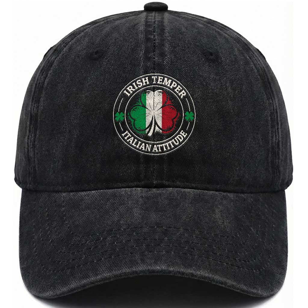 Funny Irish Temper Italian Attitude Washed Cotton Baseball Cap Irish Italian Pride Vintage Shamrock TS11 Print Your Wear