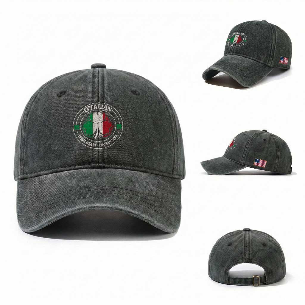 Irish Italian Pride Washed Cotton Baseball Cap O'Talian Irish Heart Italian Soul St Patricks Day TS11 Washed Cap Universal Fit Dark Green Print Your Wear