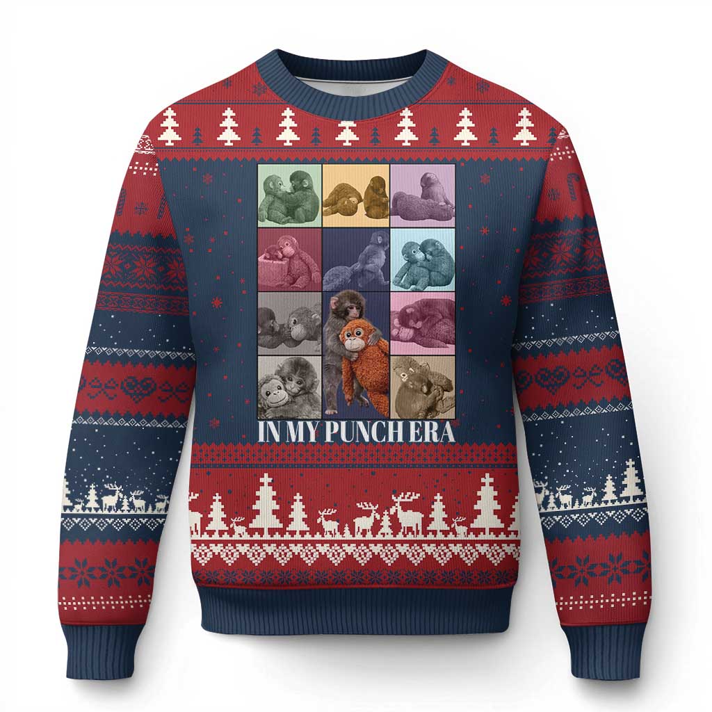 Punch The Monkey Ugly Christmas Sweater In My Punch Era Baby Monkey Hugging Plush TS11 Navy Red Print Your Wear