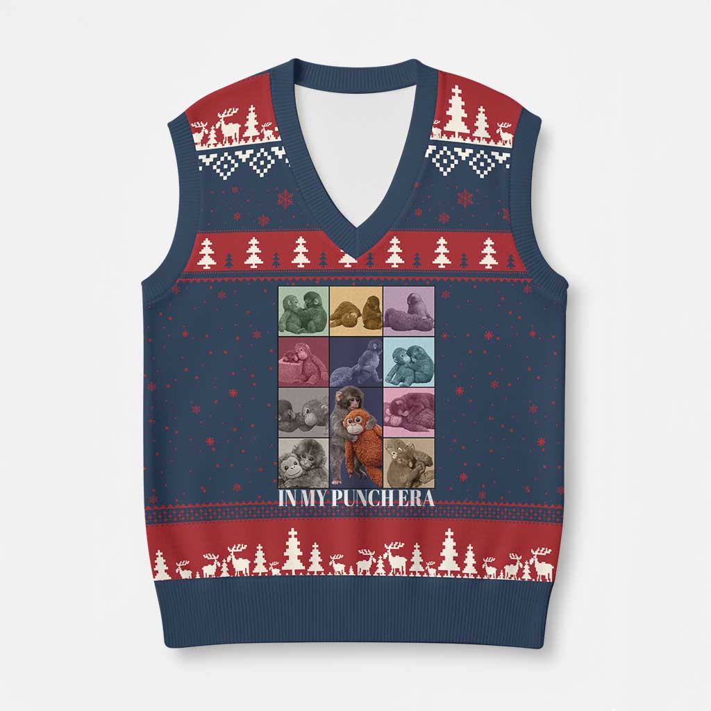 Punch The Monkey V-Neck Knit Sweater Vest In My Punch Era Baby Monkey Hugging Plush TS11 Navy Red Print Your Wear