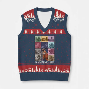 Punch The Monkey V-Neck Knit Sweater Vest In My Punch Era Baby Monkey Hugging Plush TS11 Navy Red Print Your Wear
