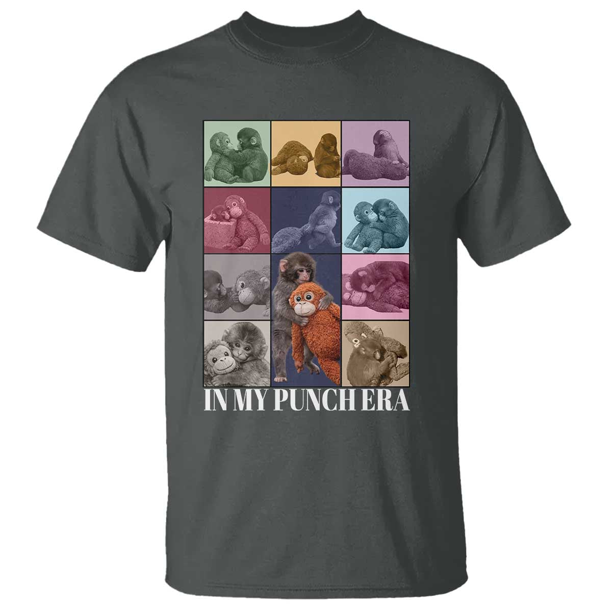Punch The Monkey T Shirt In My Punch Era Baby Monkey Hugging Plush TS11 Dark Heather Print Your Wear