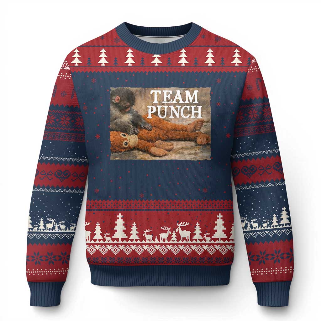 Team Punch Baby Monkey Plush Hugging Meme Ugly Christmas Sweater TS11 Navy Red Print Your Wear