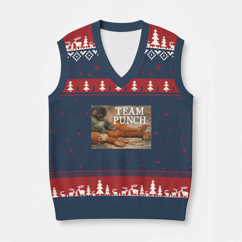 Team Punch Baby Monkey Plush Hugging Meme V-Neck Knit Sweater Vest TS11 Navy Red Print Your Wear