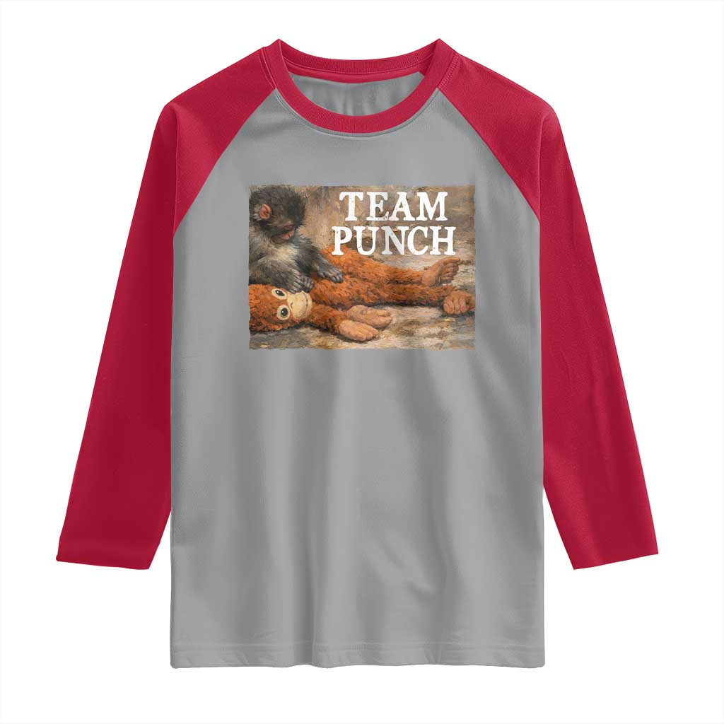 Team Punch Baby Monkey Plush Hugging Meme Raglan Shirt TS11 Sport Gray Red Print Your Wear