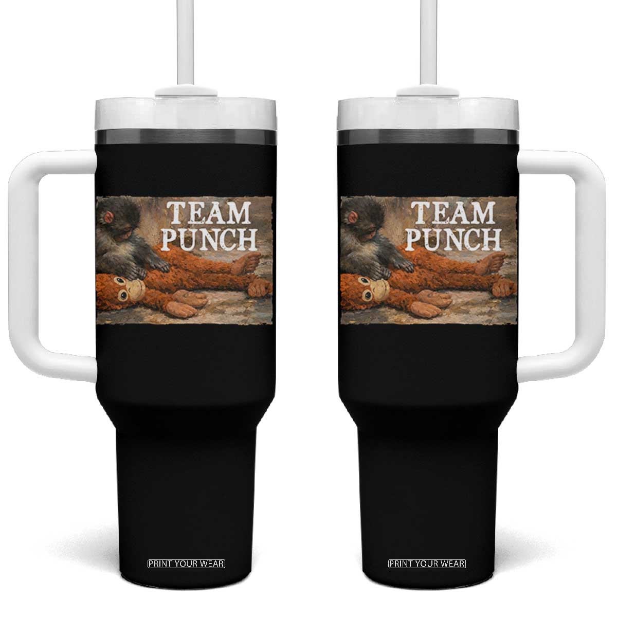 Team Punch Baby Monkey Plush Hugging Meme Tumbler With Handle TS11 One Size: 40 oz Black Print Your Wear