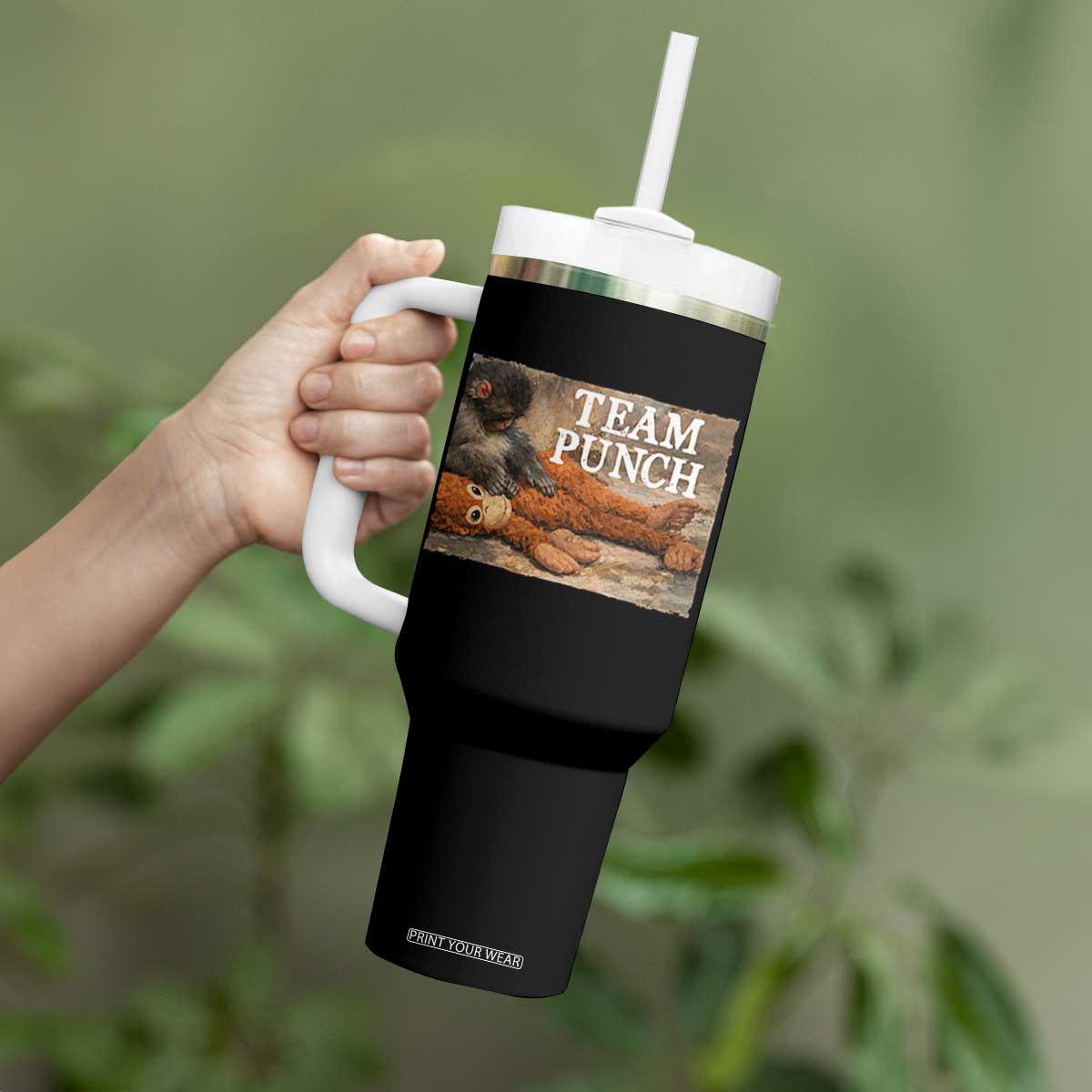 Team Punch Baby Monkey Plush Hugging Meme Tumbler With Handle TS11 Print Your Wear