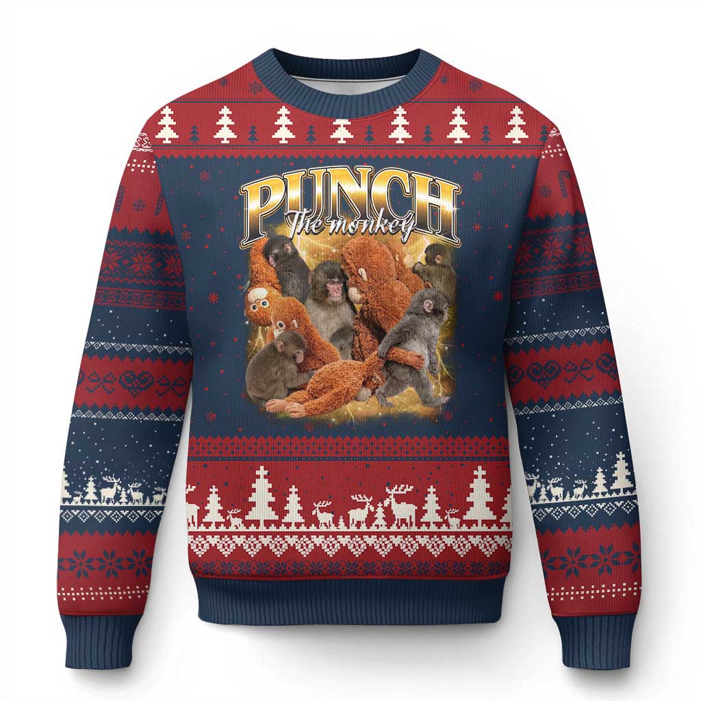 Punch The Monkey Ugly Christmas Sweater Baby Monkey Punch Plush Hugging 90s Bootleg TS11 Navy Red Print Your Wear