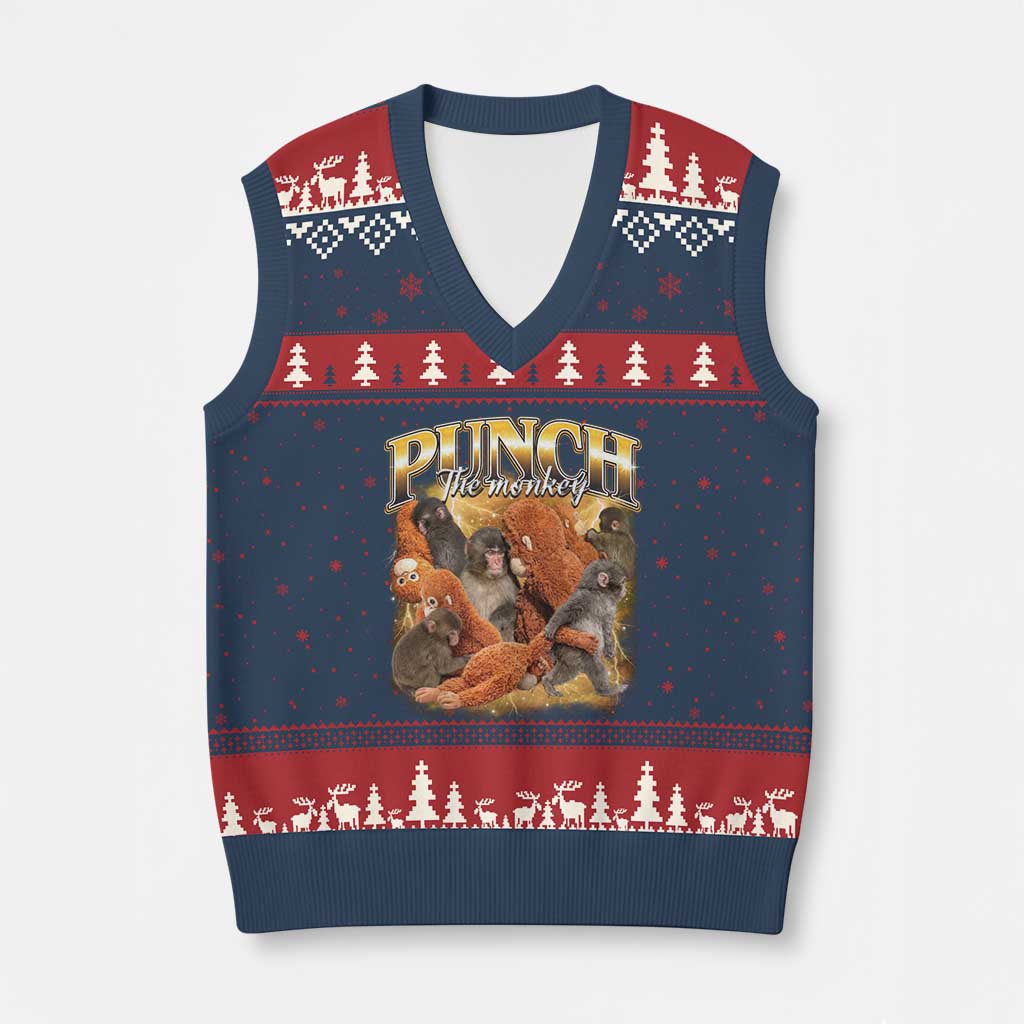 Punch The Monkey V-Neck Knit Sweater Vest Baby Monkey Punch Plush Hugging 90s Bootleg TS11 Navy Red Print Your Wear