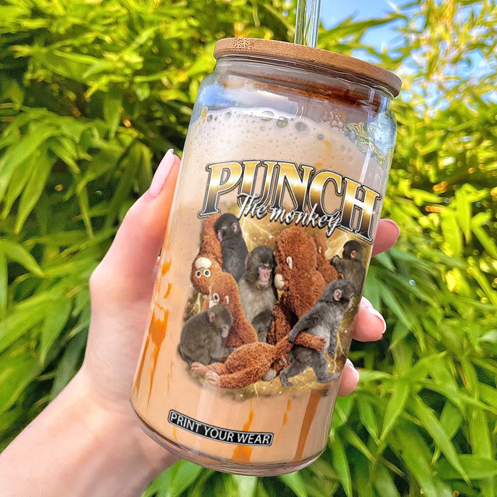 Punch The Monkey Glass Can Baby Monkey Punch Plush Hugging 90s Bootleg TS11 Black Print Your Wear