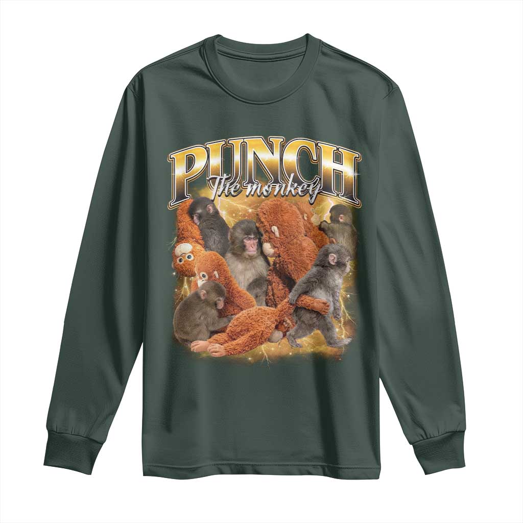 Punch The Monkey Long Sleeve Shirt Baby Monkey Punch Plush Hugging 90s Bootleg TS11 Dark Forest Green Print Your Wear
