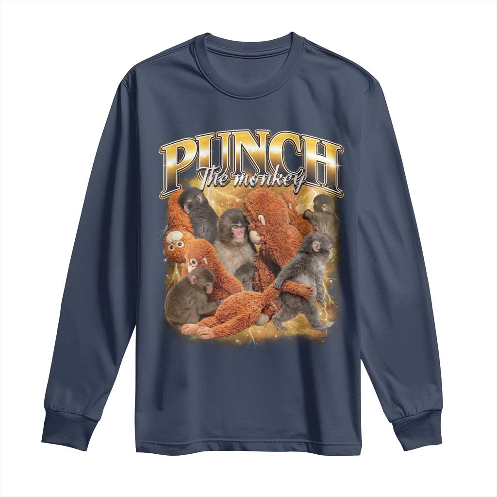 Punch The Monkey Long Sleeve Shirt Baby Monkey Punch Plush Hugging 90s Bootleg TS11 Navy Print Your Wear
