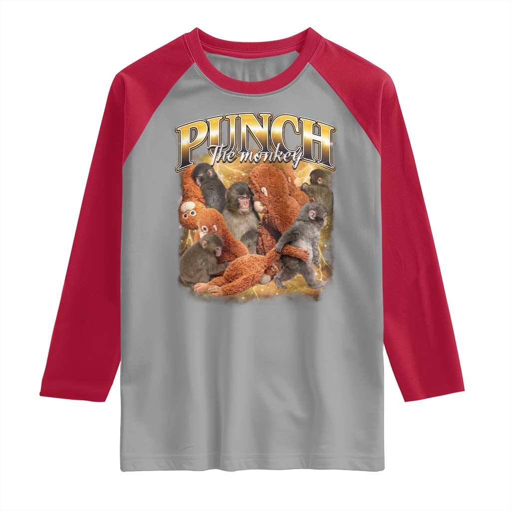 Punch The Monkey Raglan Shirt Baby Monkey Punch Plush Hugging 90s Bootleg TS11 Sport Gray Red Print Your Wear