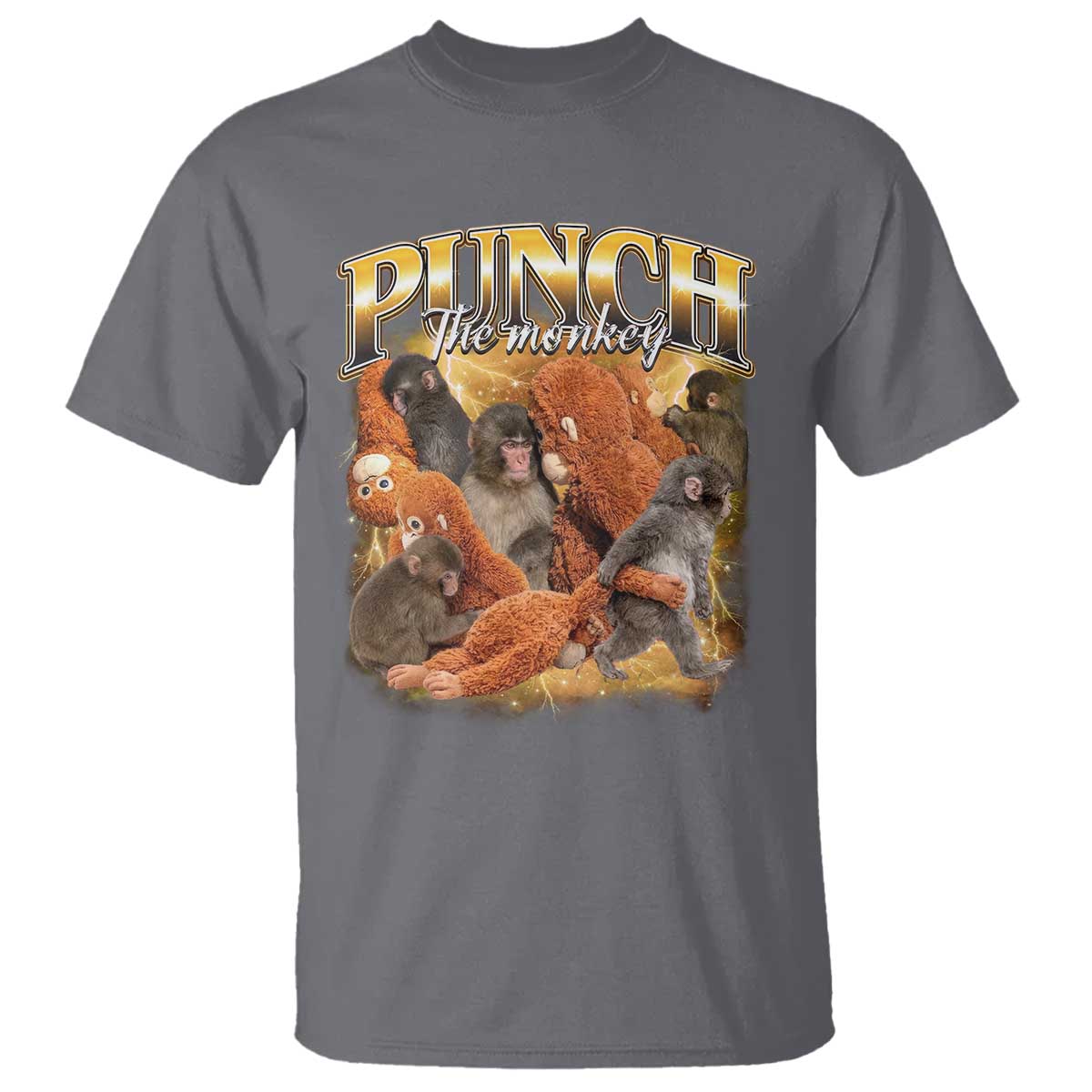 Punch The Monkey T Shirt - Baby Monkey Punch Plush Hugging - 90s Bootleg Style TS11 Charcoal Print Your Wear