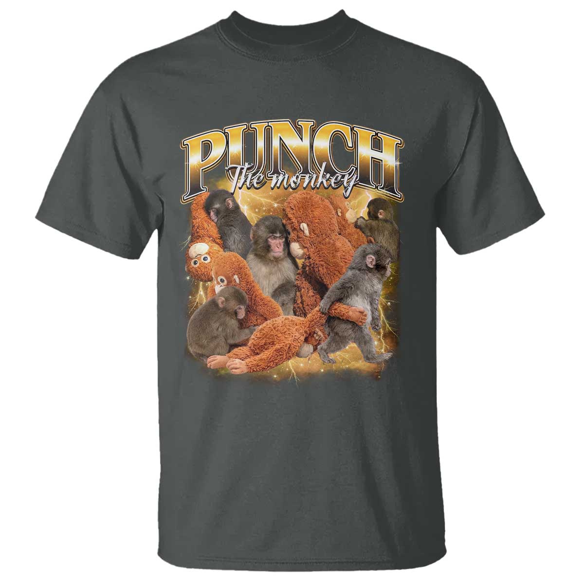 Punch The Monkey T Shirt - Baby Monkey Punch Plush Hugging - 90s Bootleg Style TS11 Dark Heather Print Your Wear