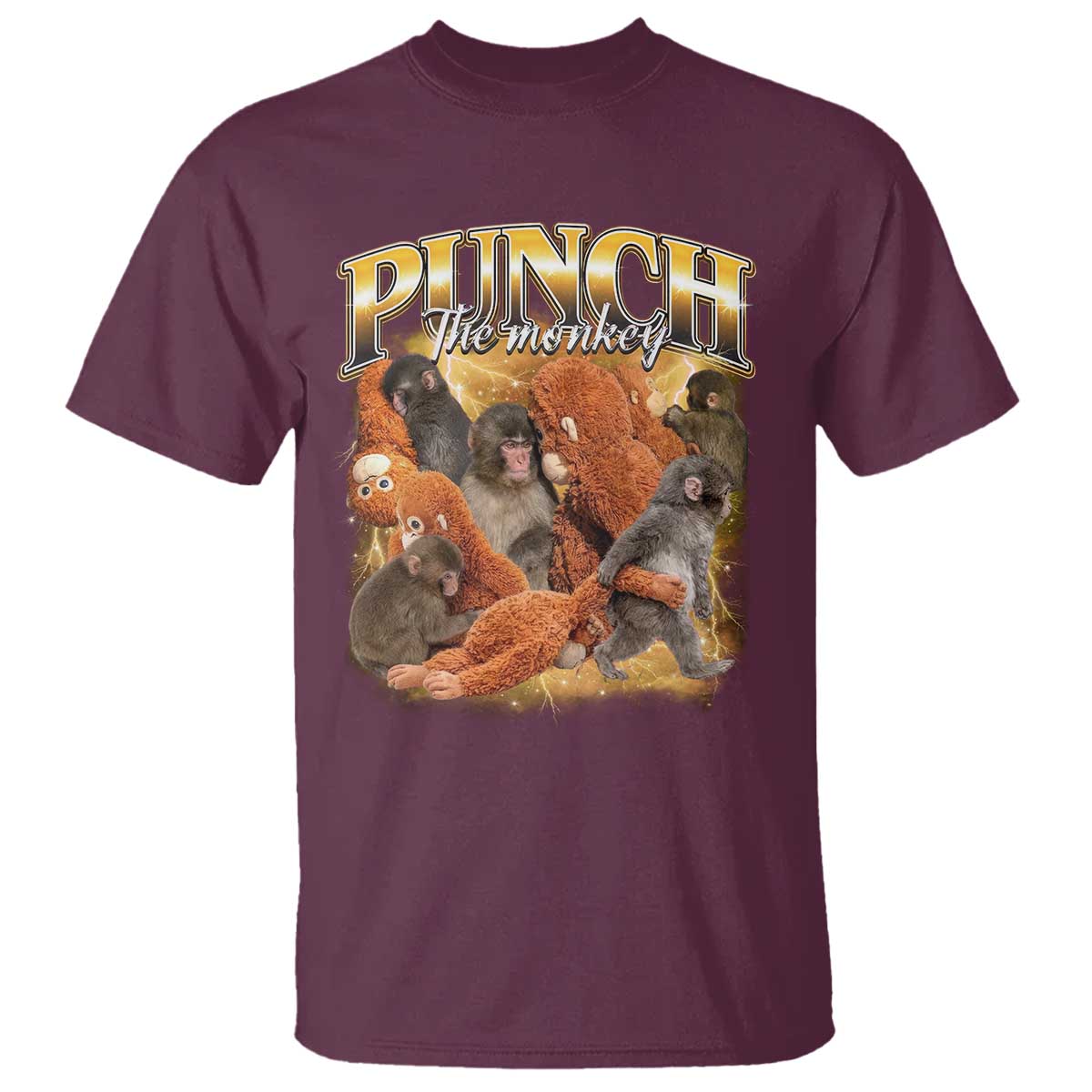 Punch The Monkey T Shirt - Baby Monkey Punch Plush Hugging - 90s Bootleg Style TS11 Maroon Print Your Wear