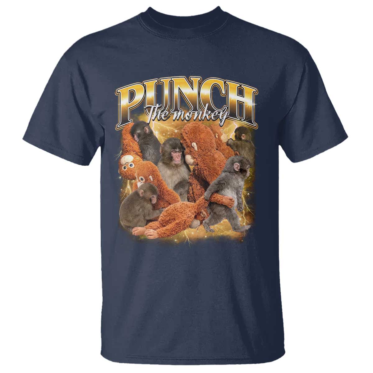 Punch The Monkey T Shirt - Baby Monkey Punch Plush Hugging - 90s Bootleg Style TS11 Navy Print Your Wear