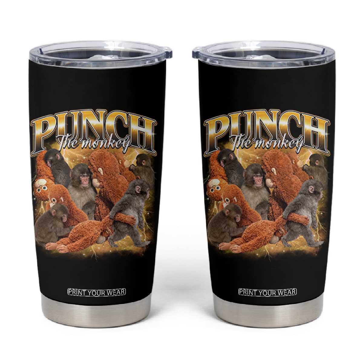 Punch The Monkey Tumbler Cup Baby Monkey Punch Plush Hugging 90s Bootleg TS11 Black Print Your Wear