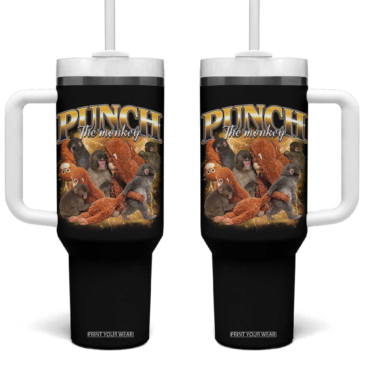 Punch The Monkey Tumbler With Handle Baby Monkey Punch Plush Hugging 90s Bootleg TS11 One Size: 40 oz Black Print Your Wear