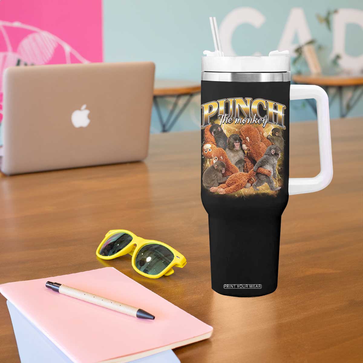 Punch The Monkey Tumbler With Handle Baby Monkey Punch Plush Hugging 90s Bootleg TS11 Print Your Wear