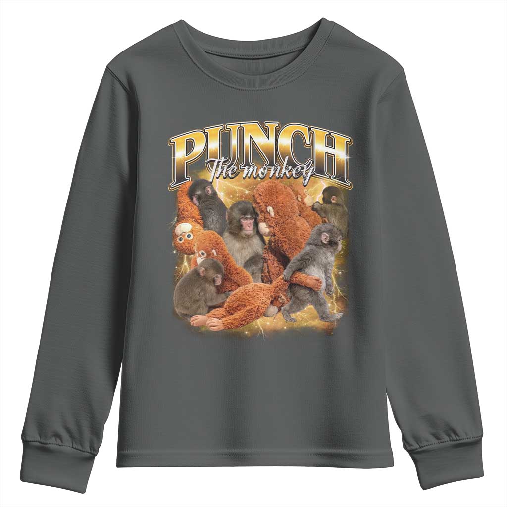 Punch The Monkey Youth Sweatshirt Baby Monkey Punch Plush Hugging 90s Bootleg TS11 Dark Heather Print Your Wear