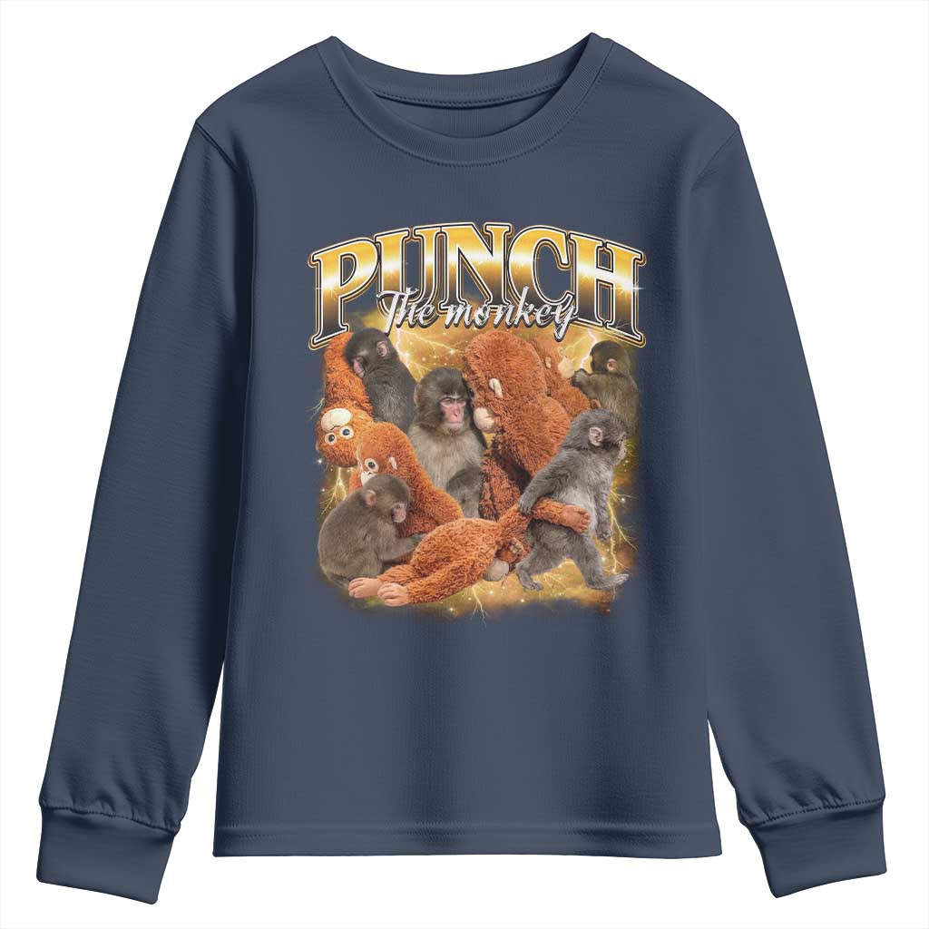 Punch The Monkey Youth Sweatshirt Baby Monkey Punch Plush Hugging 90s Bootleg TS11 Navy Print Your Wear