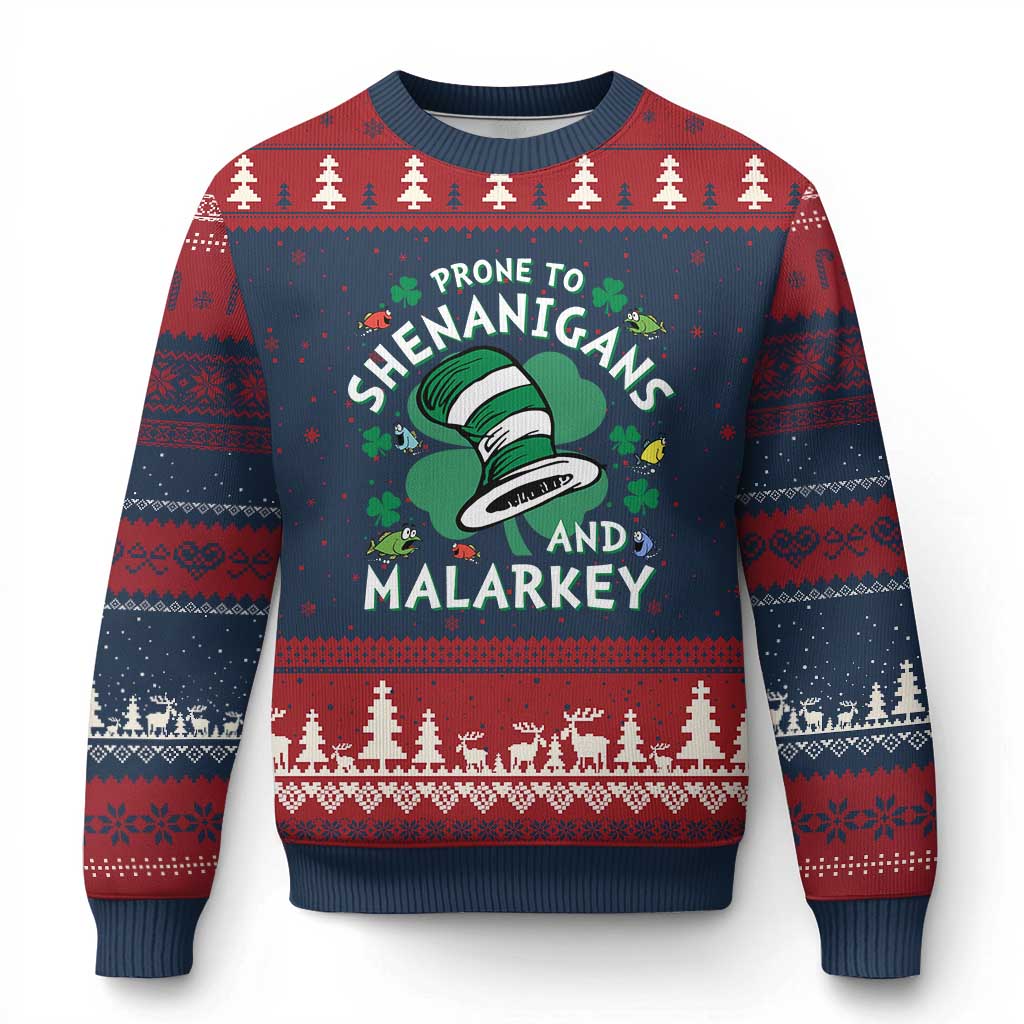 Funny Prone To Shenanigans And Malarkey Ugly Christmas Sweater St Patricks Day Reading Hat TS11 Navy Red Print Your Wear