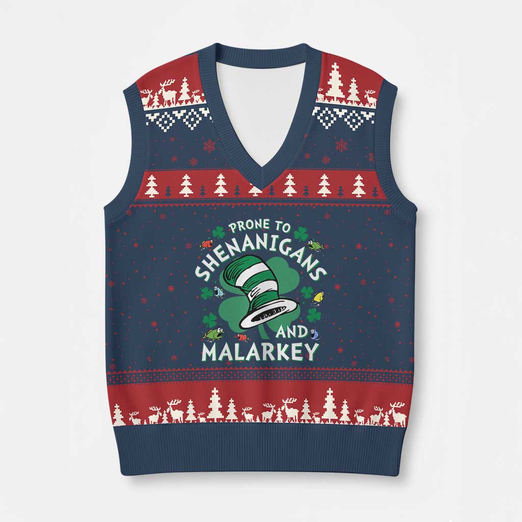 Funny Prone To Shenanigans And Malarkey V-Neck Knit Sweater Vest St Patricks Day Reading Hat TS11 Navy Red Print Your Wear