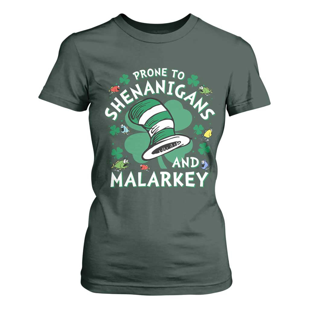 Funny Prone To Shenanigans And Malarkey T Shirt For Women St Patricks Day Reading Hat TS11 Dark Forest Green Print Your Wear
