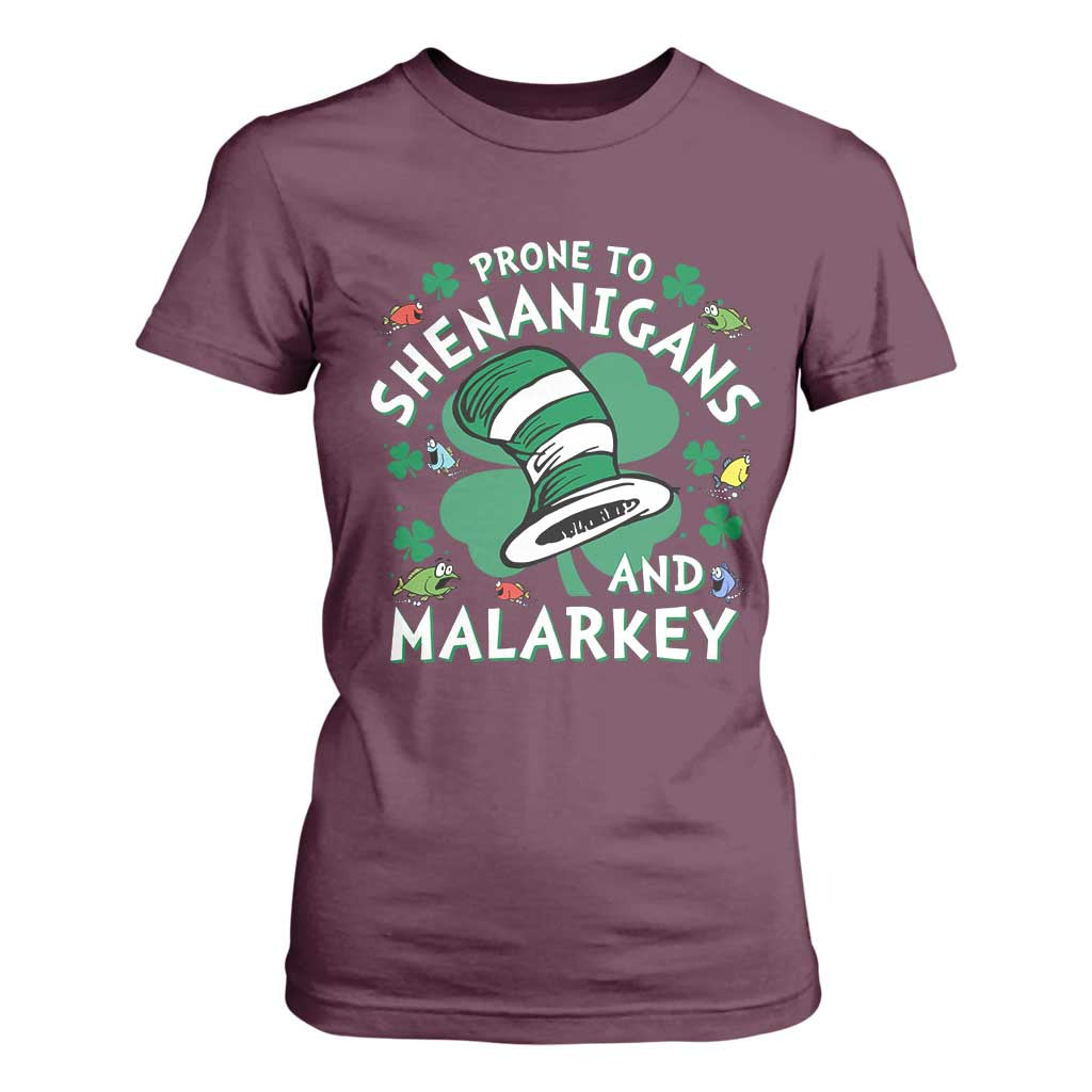 Funny Prone To Shenanigans And Malarkey T Shirt For Women St Patricks Day Reading Hat TS11 Maroon Print Your Wear