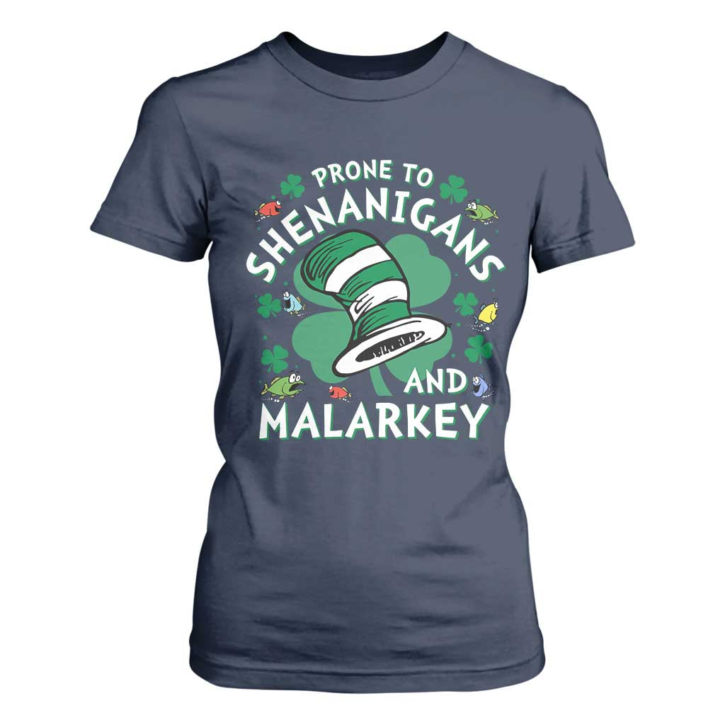 Funny Prone To Shenanigans And Malarkey T Shirt For Women St Patricks Day Reading Hat TS11 Navy Print Your Wear