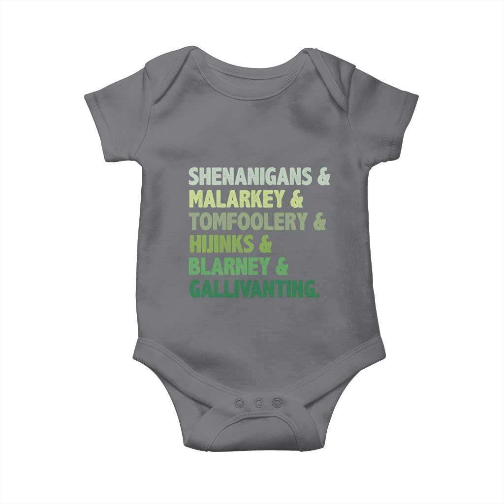 Funny St Patricks Day Shenanigans Malarkey Tomfoolery Hijinks Blarney Gallivanting Baby Onesie TS11 Charcoal Print Your Wear
