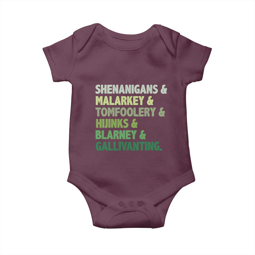 Funny St Patricks Day Shenanigans Malarkey Tomfoolery Hijinks Blarney Gallivanting Baby Onesie TS11 Maroon Print Your Wear