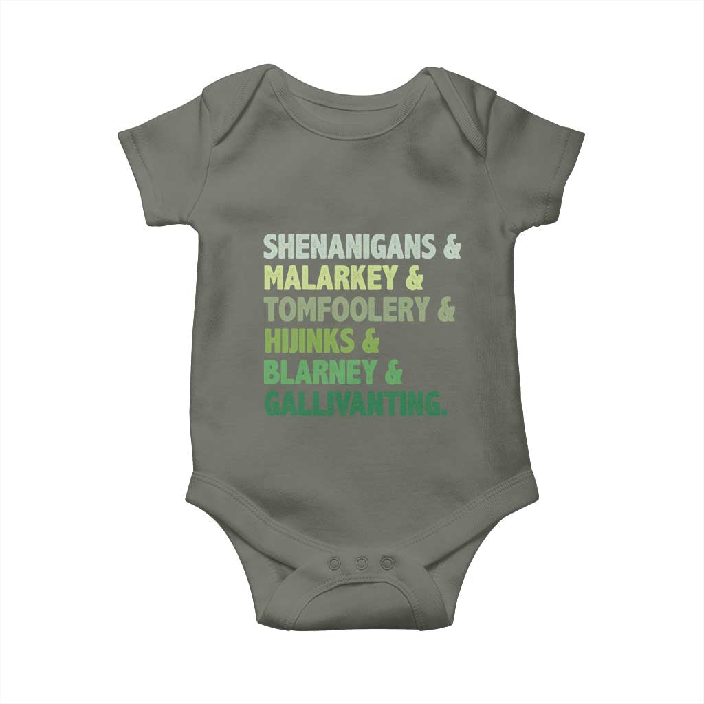 Funny St Patricks Day Shenanigans Malarkey Tomfoolery Hijinks Blarney Gallivanting Baby Onesie TS11 Military Green Print Your Wear