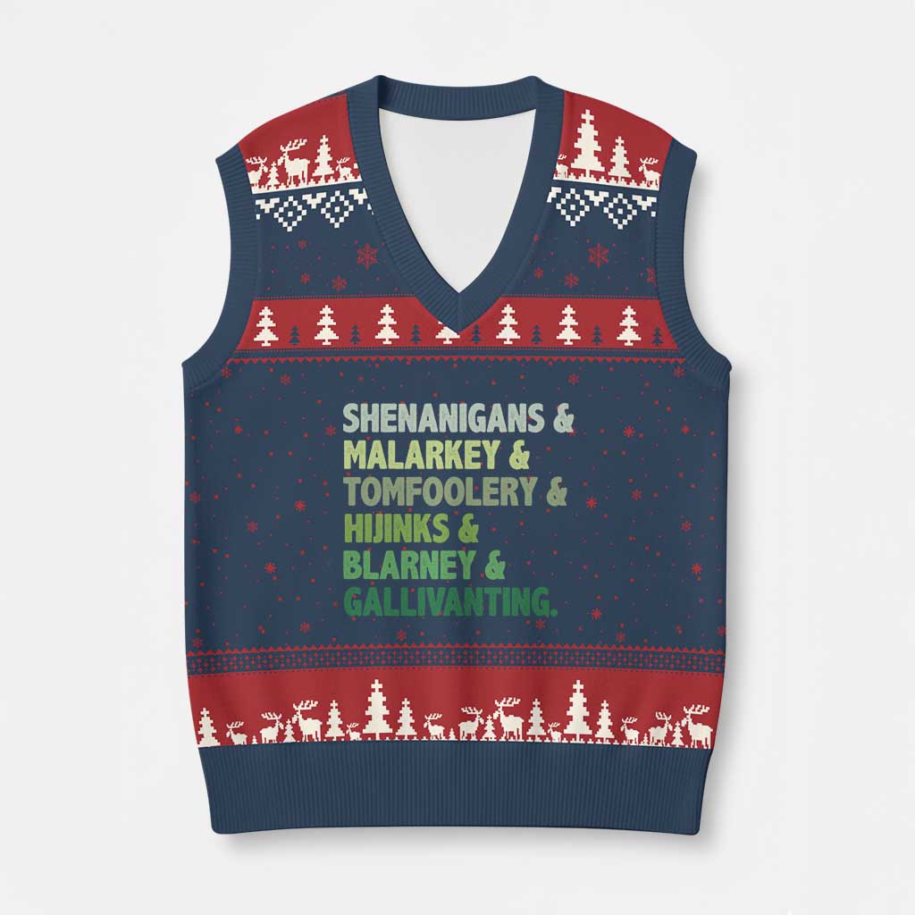 Funny St Patricks Day Shenanigans Malarkey Tomfoolery Hijinks Blarney Gallivanting V-Neck Knit Sweater Vest TS11 Navy Red Print Your Wear