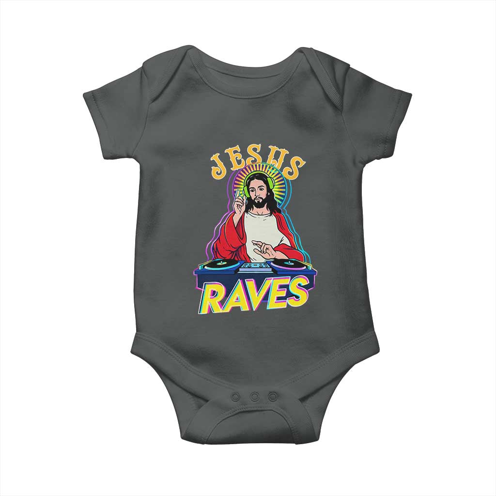Funny Jesus DJ Raves Techno EDM Party Baby Onesie TS11 Dark Heather Print Your Wear