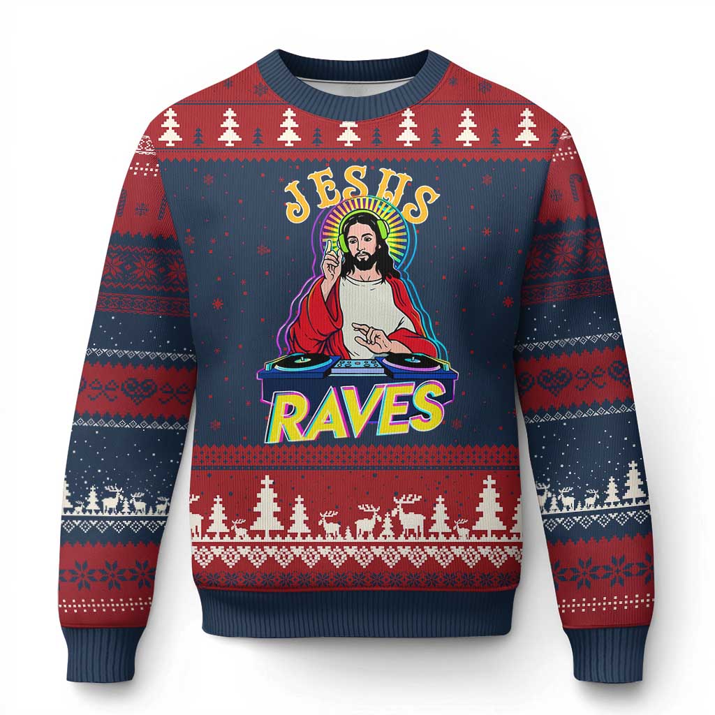 Funny Jesus DJ Raves Techno EDM Party Ugly Christmas Sweater TS11 Navy Red Print Your Wear
