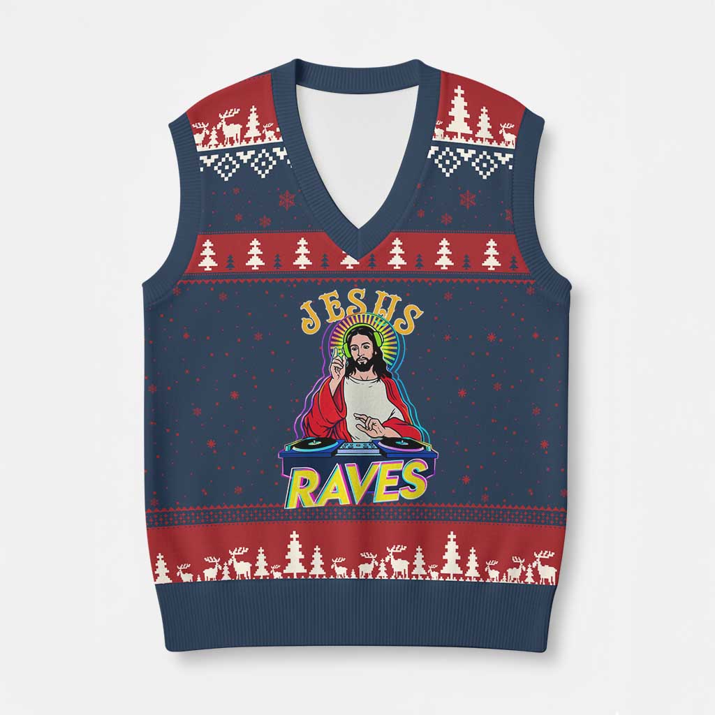 Funny Jesus DJ Raves Techno EDM Party V-Neck Knit Sweater Vest TS11 Navy Red Print Your Wear