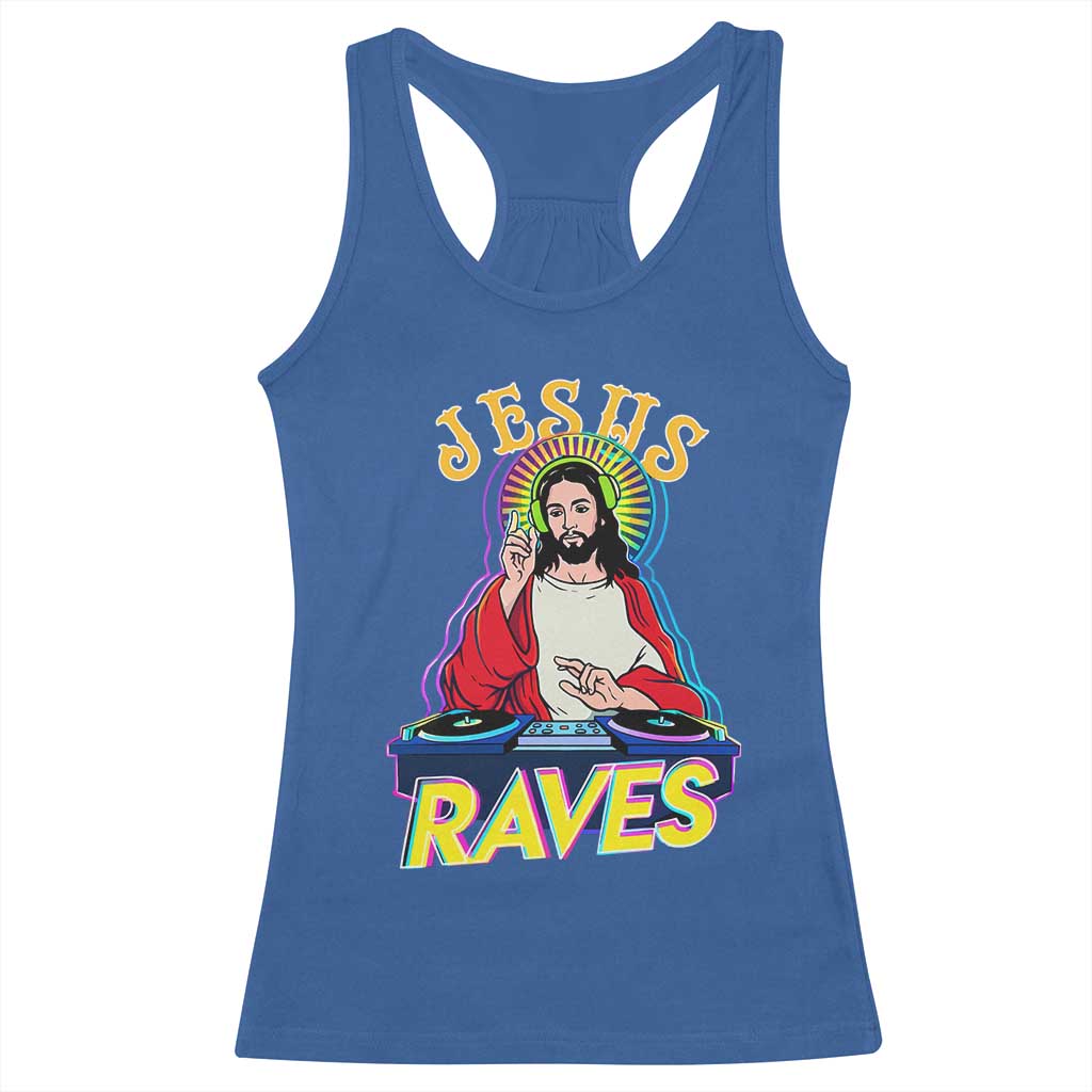 Funny Jesus DJ Raves Techno EDM Party Racerback Tank Top TS11 Royal Blue Print Your Wear
