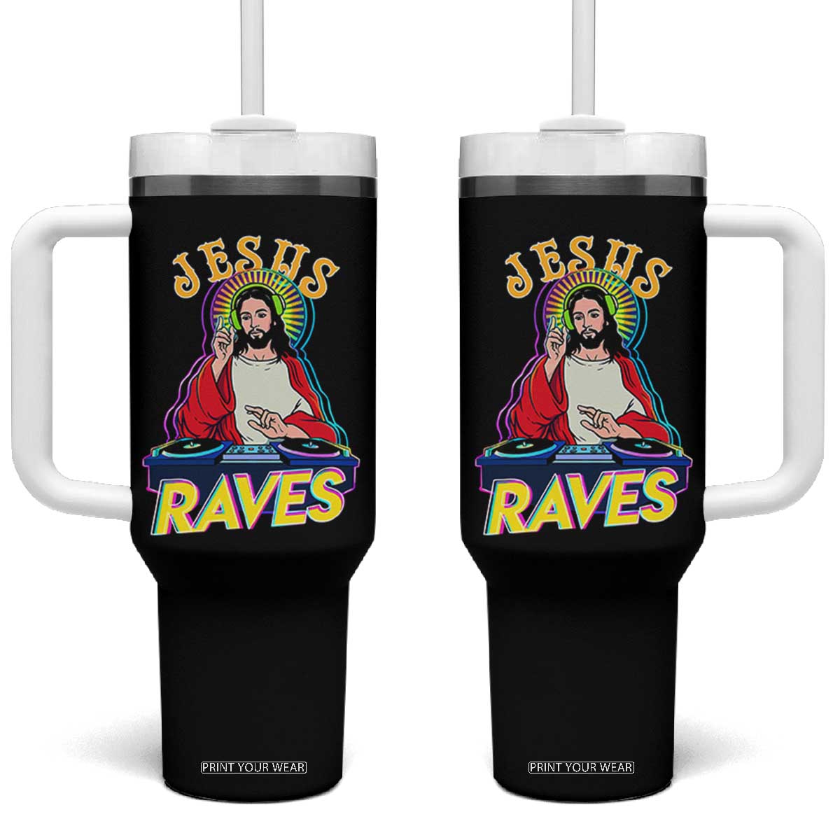 Funny Jesus DJ Raves Techno EDM Party Tumbler With Handle TS11 One Size: 40 oz Black Print Your Wear