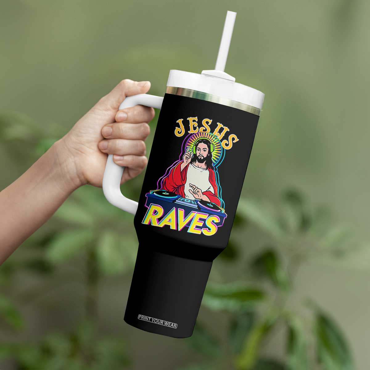 Funny Jesus DJ Raves Techno EDM Party Tumbler With Handle TS11 Print Your Wear
