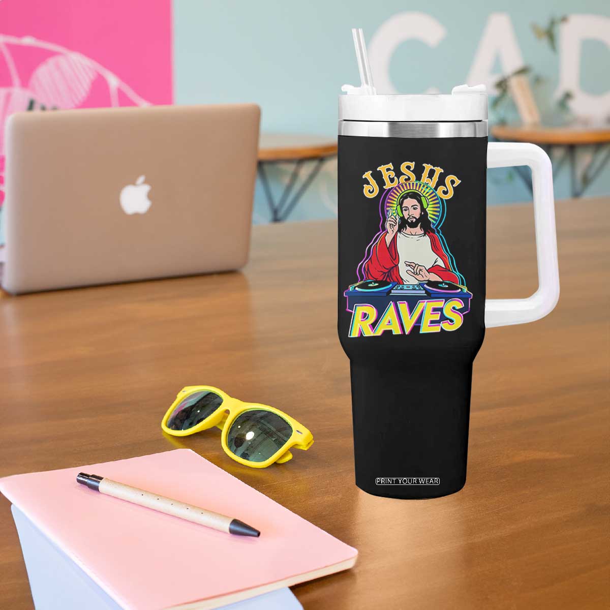Funny Jesus DJ Raves Techno EDM Party Tumbler With Handle TS11 Print Your Wear