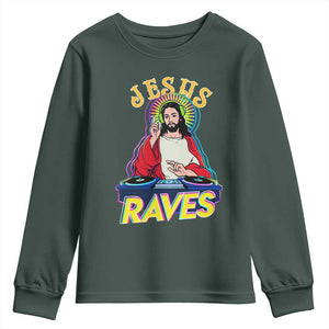 Funny Jesus DJ Raves Techno EDM Party Youth Sweatshirt TS11 Dark Forest Green Print Your Wear
