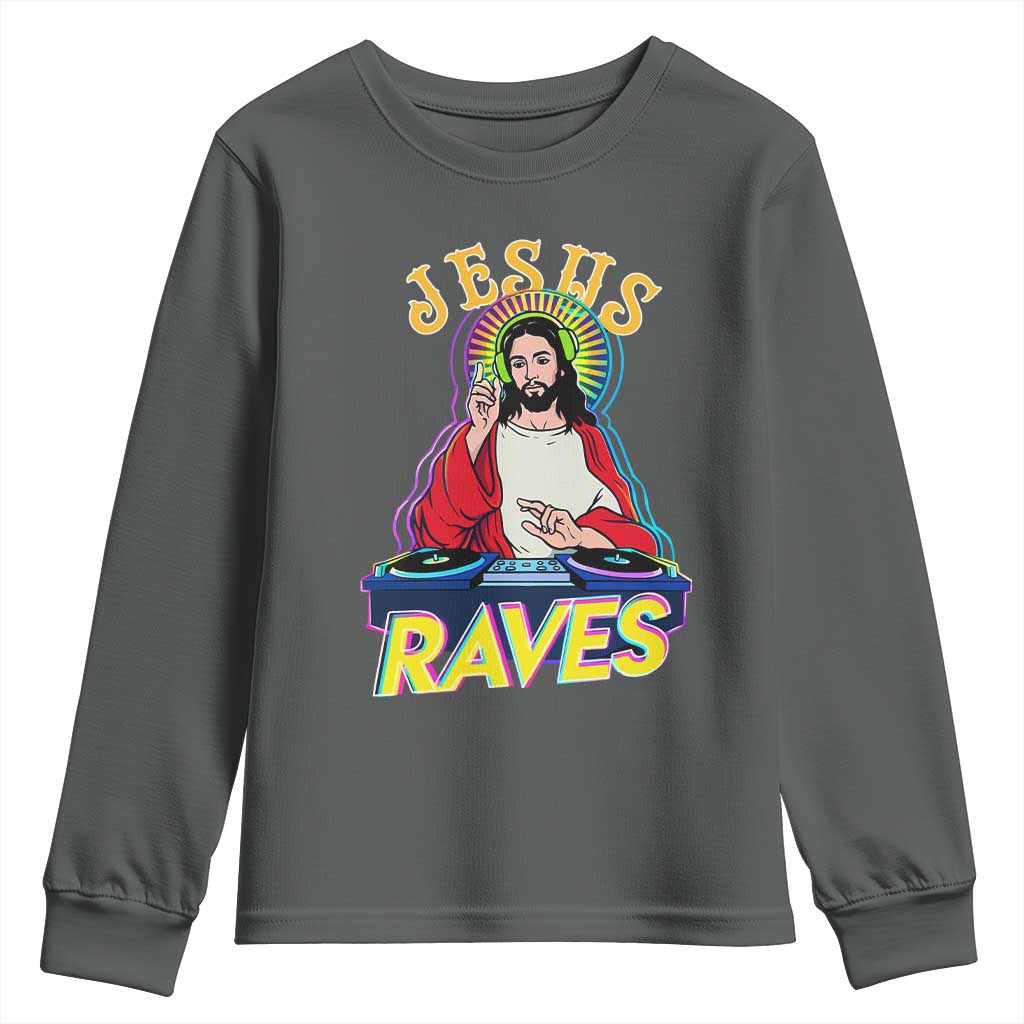 Funny Jesus DJ Raves Techno EDM Party Youth Sweatshirt TS11 Dark Heather Print Your Wear